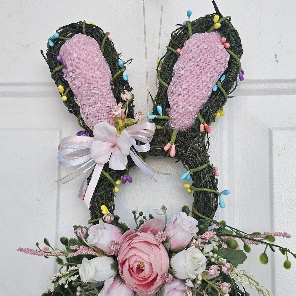 Handmade Floral bunny Spring/Easter Wreath with light pink and white florals